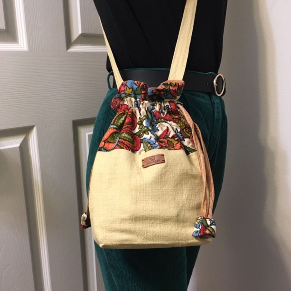 Cream and vintage floral handmade drawstring bag